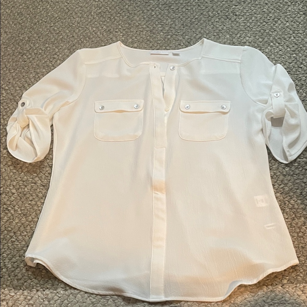 New York & Company Cream Button-Front Roll-Tab Blouse